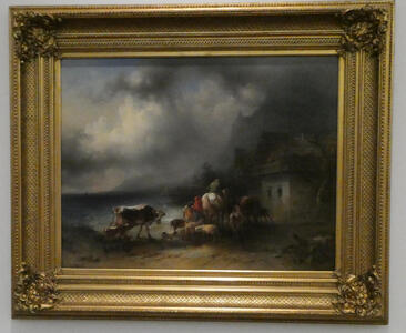 Oil painting of farm animals walking away from viewer with a man on horseback; gray clouds in sky and a white house in background.
