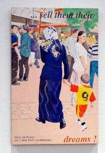 Poster of woman in blue dress and white head scarf; a small boy in a soccer jersey and shorts is holding her hand. The text says: “...sell them their dreams !”