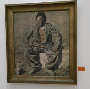 Painting of man with black hair. He is wearing a white shirt, brown sweater, and gray jacket. He is seated on a stone, his hands on his knees.