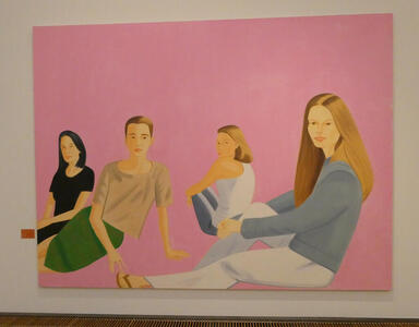 Modern painting of four seated women, one in a skirt, others with pants. They are looking at the viewer. Background is pink.
