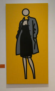 Painting of woman in gray log coat and black dress. The head is a circle. The background of the painting is yellow