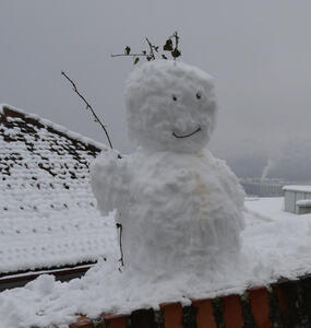 Snowman with branch for a smile; holding a long branch in its “hand”