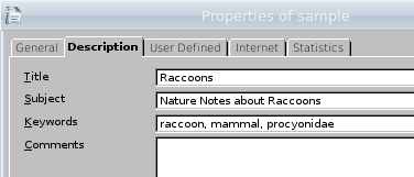 dialog box showing title, subject, and keywords