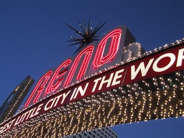 Reno sign seen at an upward angle from beneath the sign