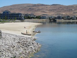 boat launching point; two canoes near water's edge