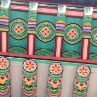 Closeup detail of painted beams.