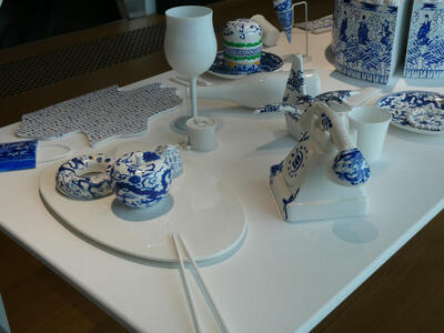 place setting and toy dial phone