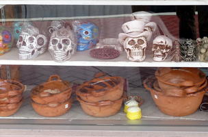 Various small souvenirs in a window