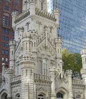 closeup of water tower resembling portion of gothic church