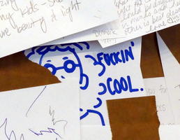 Part of a message with line drawing of a woman and words “Fuckin' Cool.”
