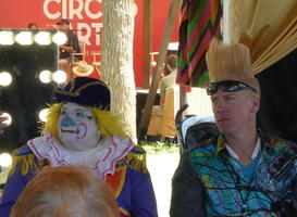 Full-makeup clown on left, Bello Nock on right