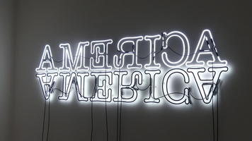 Neon sign with word AMERICA right side up and upside-down.
