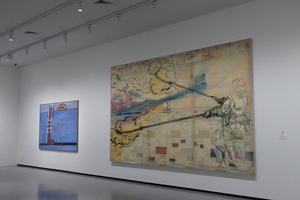 Two paintings one with a man holding clouds with ropes.