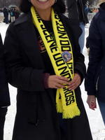 Scarf with “CRIME SCENE DO NOT CROSS” knitted into it.