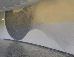Marker-drawn lines on wall at museum