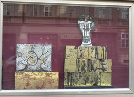 Painted boxes with cardboard silhouettte of woman's head