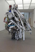 Side view of crushed metal sculpture
