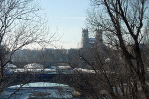 View across river; double tower in background