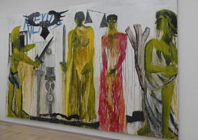 Abstract of people with swords; scales in background