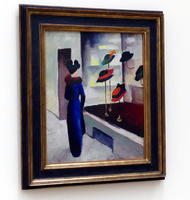 Impressionist painting of woman in blue walking past store window with hats