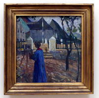 Woman in blue dress, back to viewer