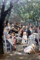 People at beer garden, children in foreground