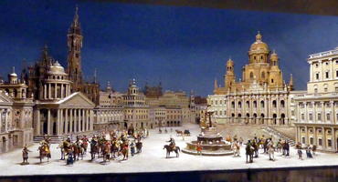 complex nativity scene with courtyard and fountain