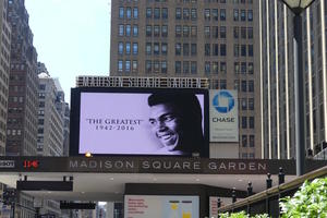 Madison Square Garden large outside screen with tribute to Muhammad Ali