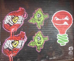 Grenades, alien, and light bulb with faces