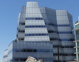 Modern building with sections shaped like truncated pyramids