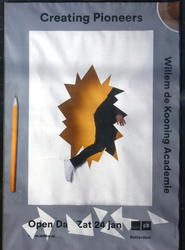 Poster of person “bursting through” paper. Text reads: “Creating Pioneers / Willem de Kooning Academie”