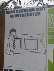 Line drawing of man hiding canvases under coat