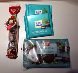 Mozartkugeln, Ritter Sport peppermint bars, and Rewe peppermint patties