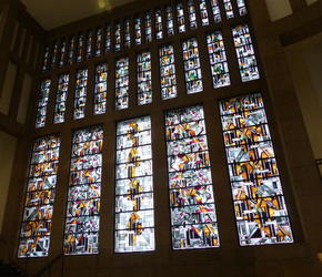 Geometric stained glass in main entrance to Kunstpalast.