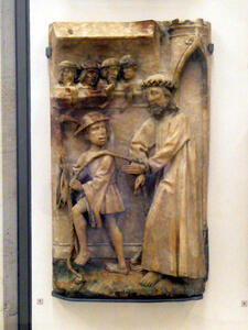 Christ with bound hands under arrest, led by a creepy looking person