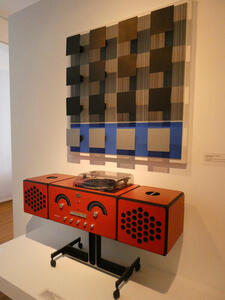 large red old style record player with speakers