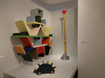 angled shelves and lamp