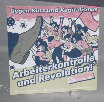 Gegen Kurz und Kapitalismus / Arbeiterkontrolle und Revolution (shows workers pushing away a large shoe)