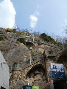 Stairway up to clock tower; picture is taken at a steep angle close to the stairs to make it look higher.