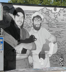At left, man with moustache carrying a cat in his arms. At right, a man in white with beard and moustache with a baby in his arms. Photorealistic art