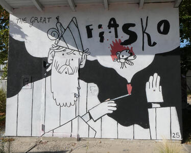 Wizard burning a moth with flame from his magic wand. Text: The Great Fiasko
