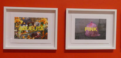Photo of Day of the Dead shrine, overlaid with word ABUELITA (granny); photo of pink garbage bag overlaid with word PINK