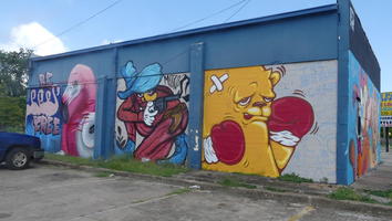 Pink flamingo, bear with cowboy hat and gun, animal with boxing gloves