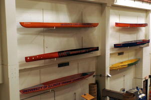 Concrete canoes on wall of Civil Engineering Lab