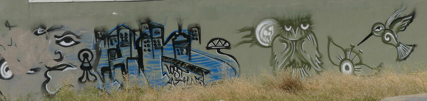 Wall painting with face, cityscape, owl, and hummingbird