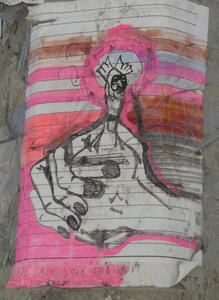 Drwing of hand with fingers curled in; thumb is a person’s face.