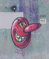 Cartoonish head of man with red face and nose; smiling showing gold tooth