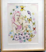 Drawing of two women embracing, surrounded by butterflies.