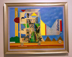 Multimedia painting of airplane with statue of liberty i background and krugerrands as airplane wheels