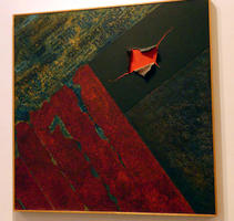 Multimedia painting with deliberately torn canvas